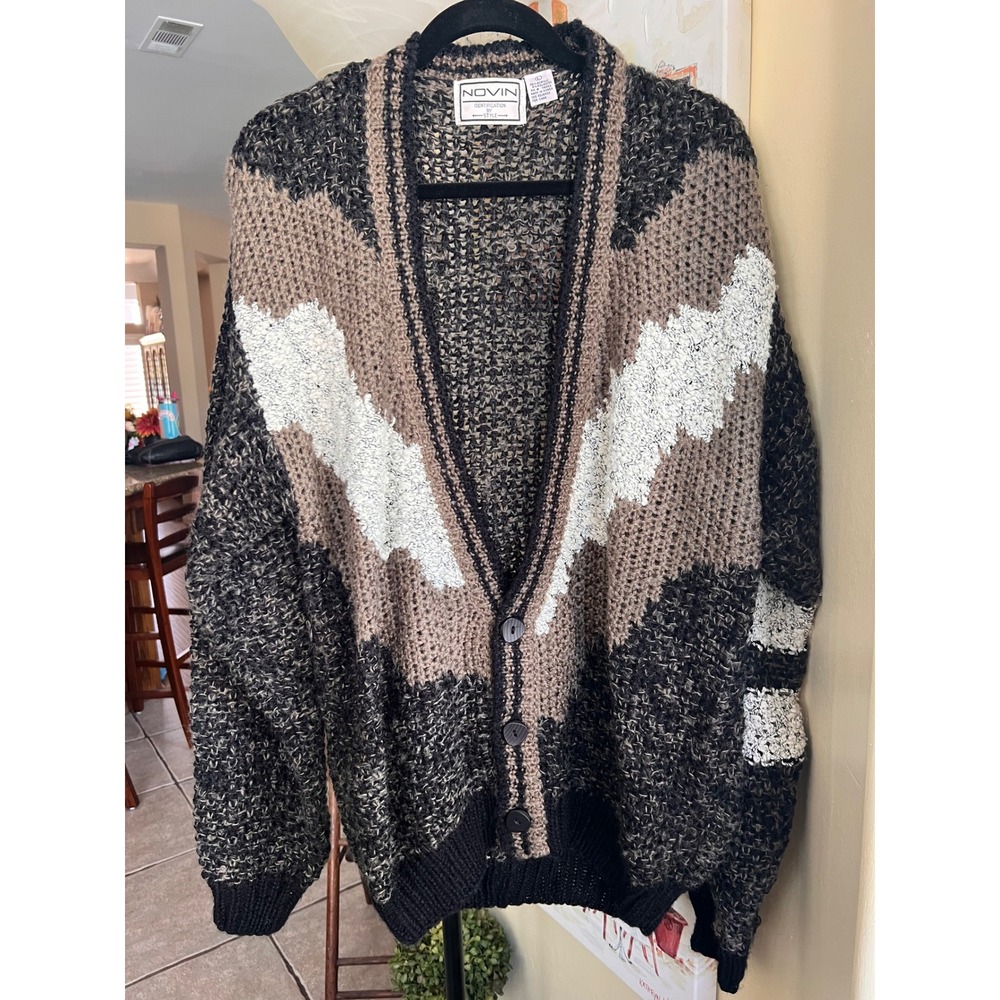 Novin Men Large Vintage Chunky Knit Cardigan Sweater Geometric Grandpa Old Money